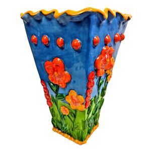 VTG Foreside Hand Painted Vase 13" French Country Design Raised Relief Floral